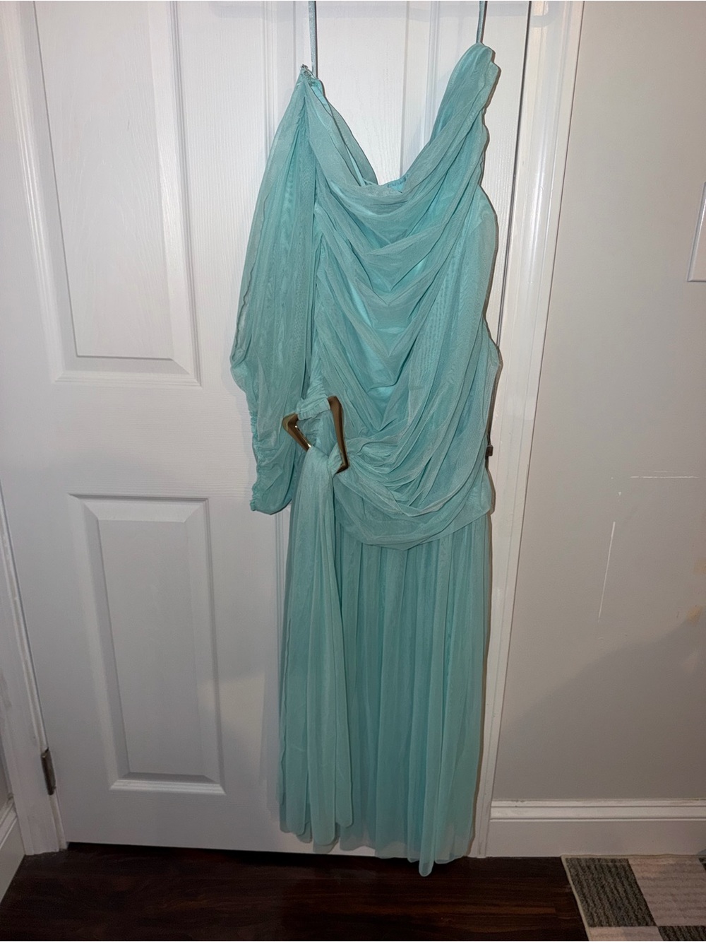 chic Aqua One-Shoulder Chiffon Draped Gown